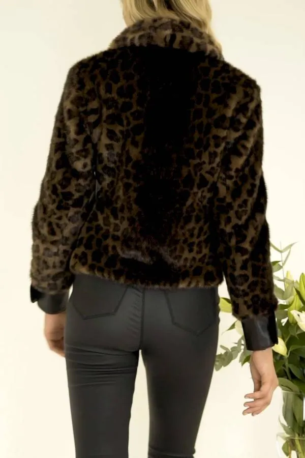 Sosandar Jackets and Coats Women Brown Leopard Faux Fur and Leather Look Button Detail Jacket Brown