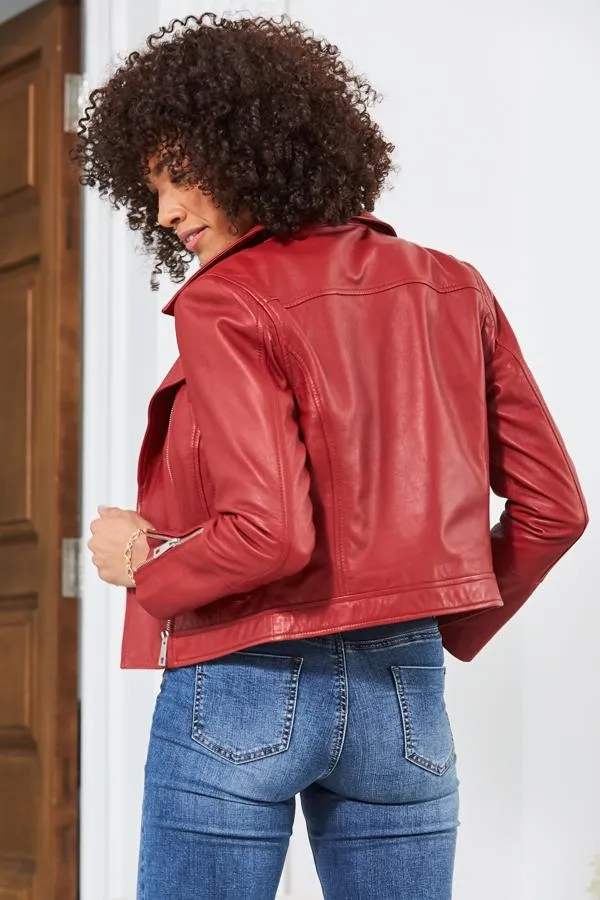 Sosandar Jackets and Coats Women Red Leather Biker Jacket Red