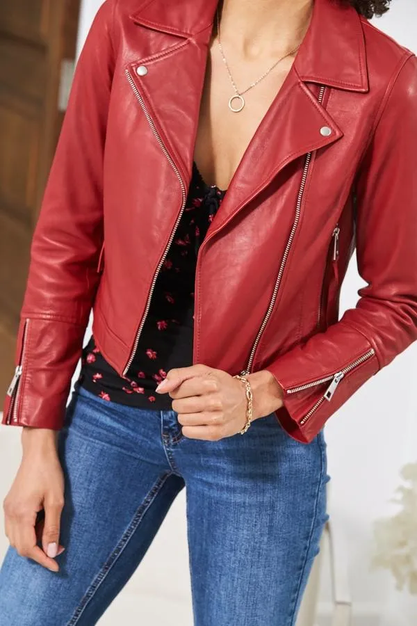 Sosandar Jackets and Coats Women Red Leather Biker Jacket Red