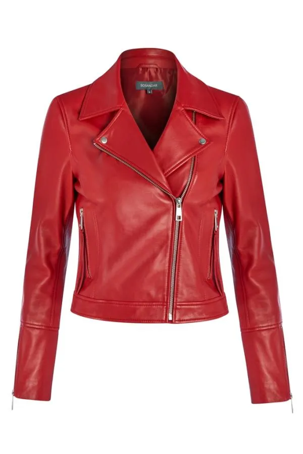 Sosandar Jackets and Coats Women Red Leather Biker Jacket Red