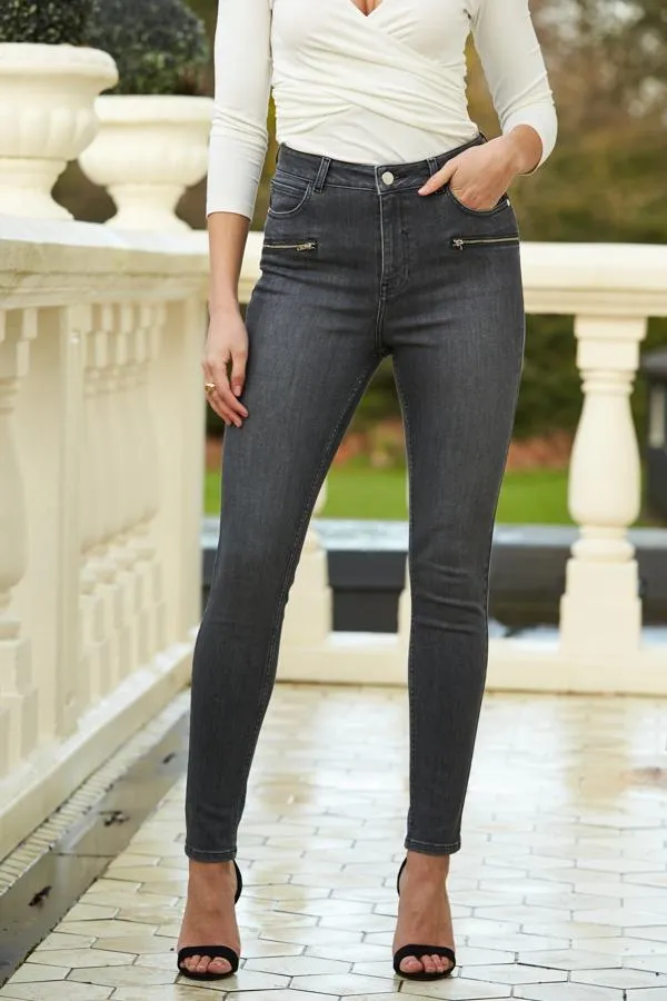 Sosandar Jeans and Jeggings Women Grey Zip Detail Skinny Biker Jeans Grey