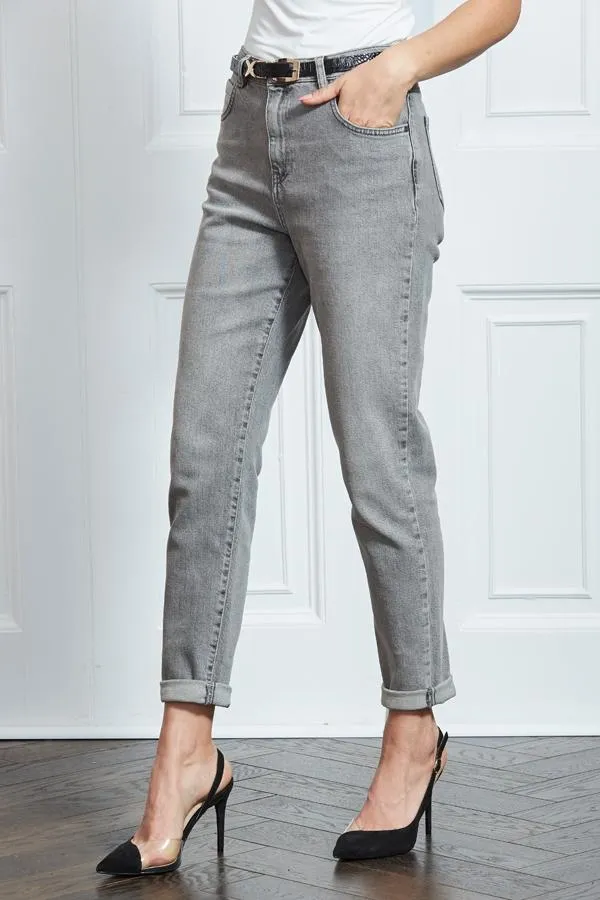 Sosandar Jeans and Jeggings Women Mid Grey Slim Leg Mom Jeans Grey