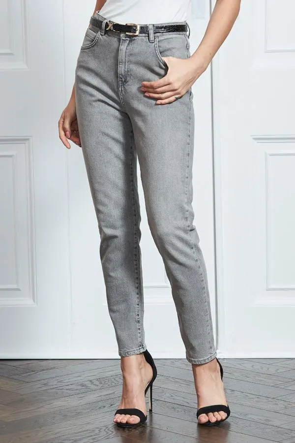 Sosandar Jeans and Jeggings Women Mid Grey Slim Leg Mom Jeans Grey