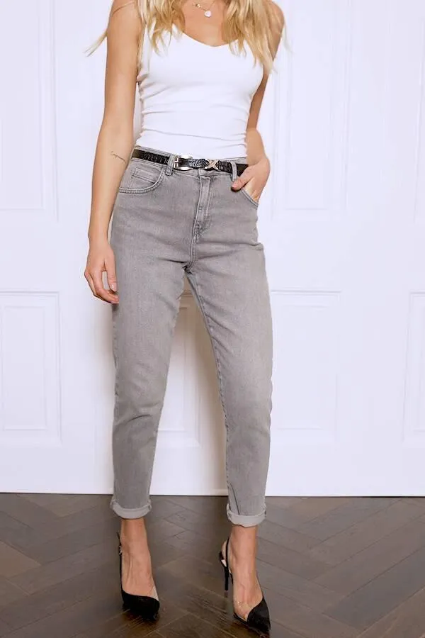 Sosandar Jeans and Jeggings Women Mid Grey Slim Leg Mom Jeans Grey
