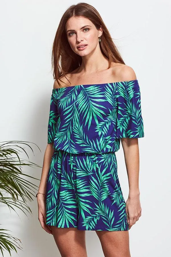 Sosandar Jumpsuits and Playsuits Women Green and Blue Palm Print Jersey Playsuit Green Blue Sosandar Jumpsuits and Playsuits Women Green and Blue Palm Print Jersey Playsuit Green Blue