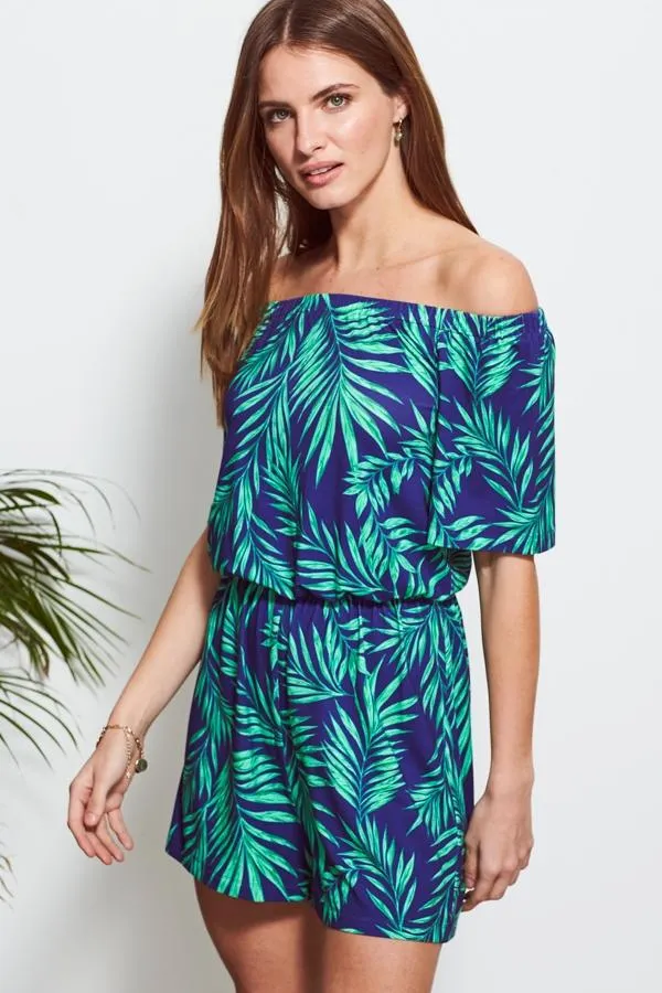 Sosandar Jumpsuits and Playsuits Women Green and Blue Palm Print Jersey Playsuit Green Blue