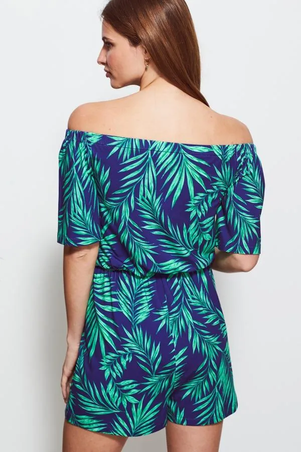 Sosandar Jumpsuits and Playsuits Women Green and Blue Palm Print Jersey Playsuit Green Blue