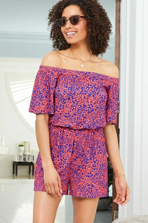 Sosandar Jumpsuits and Playsuits Women Pink and Blue Animal Print Bardot Jersey Playsuit Pink Blue Sosandar Jumpsuits and Playsuits Women Pink and Blue Animal Print Bardot Jersey Playsuit Pink Blue