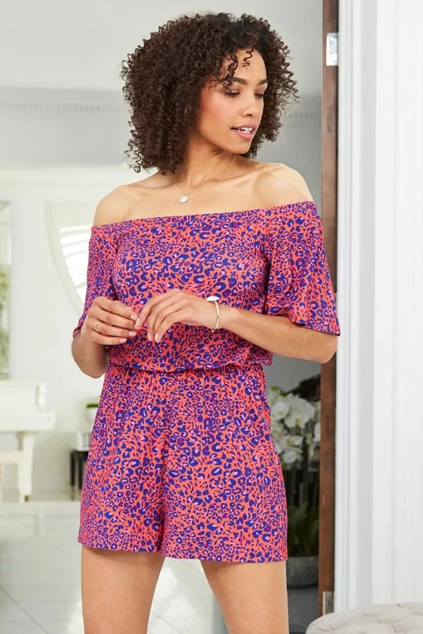 Sosandar Jumpsuits and Playsuits Women Pink and Blue Animal Print Bardot Jersey Playsuit Pink Blue