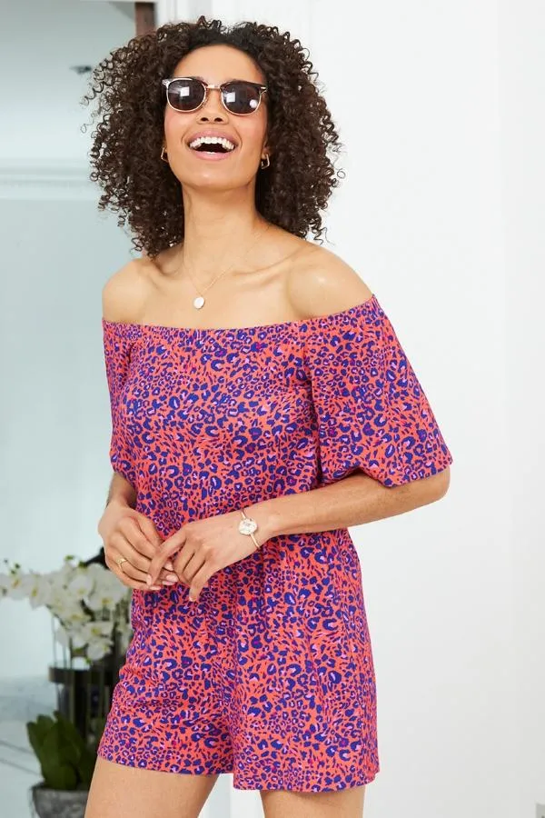 Sosandar Jumpsuits and Playsuits Women Pink and Blue Animal Print Bardot Jersey Playsuit Pink Blue