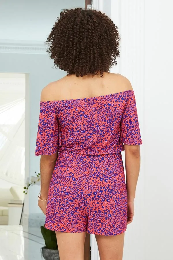 Sosandar Jumpsuits and Playsuits Women Pink and Blue Animal Print Bardot Jersey Playsuit Pink Blue