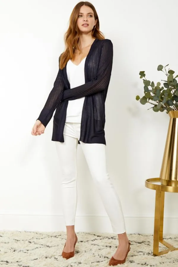 Sosandar Knitwear Women Dark Navy Fine Knit Ribbed Longline Cardigan Dark Navy