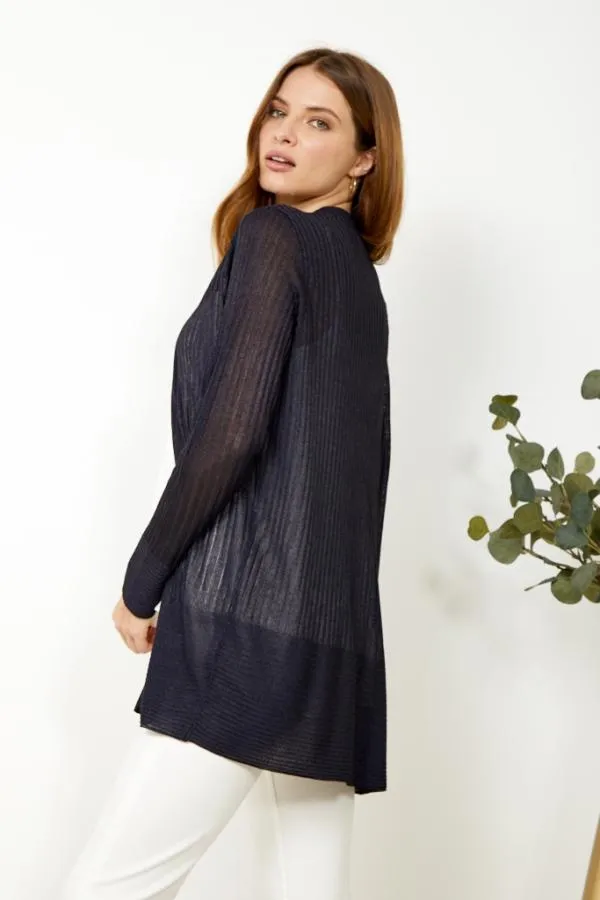 Sosandar Knitwear Women Dark Navy Fine Knit Ribbed Longline Cardigan Dark Navy