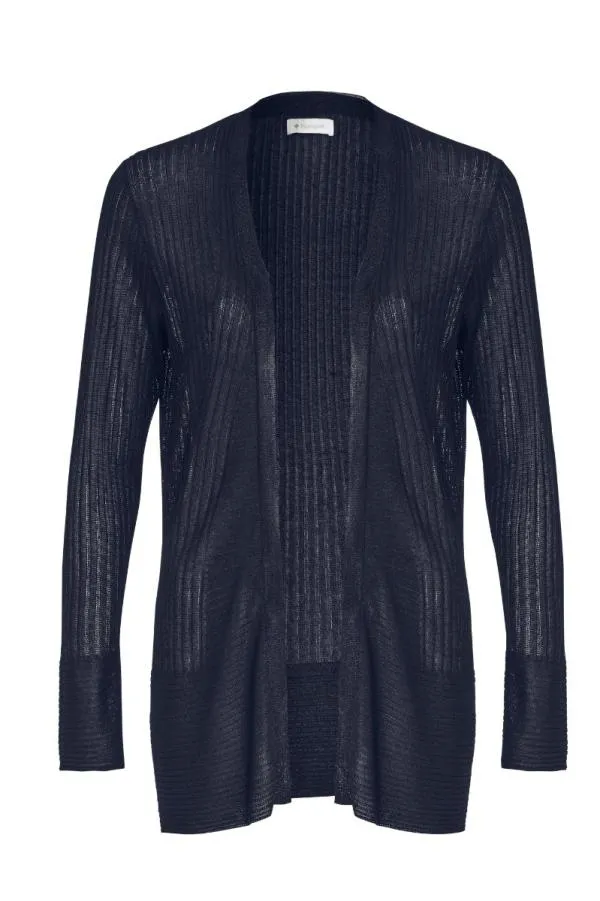Sosandar Knitwear Women Dark Navy Fine Knit Ribbed Longline Cardigan Dark Navy