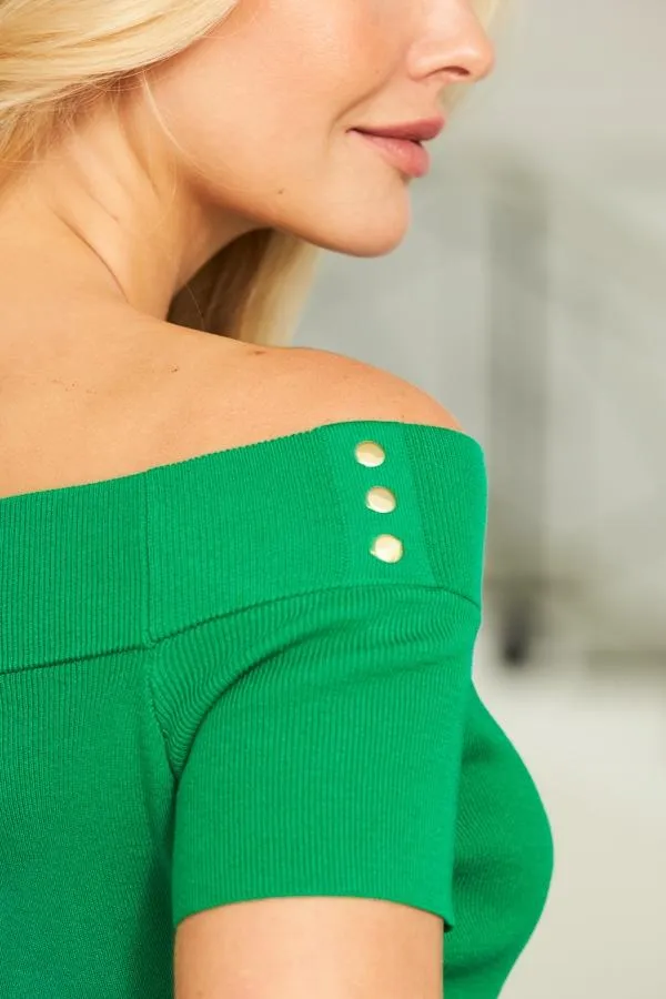 Sosandar Knitwear Women Green Knitted Bardot Top With Gold Stud Detail Green