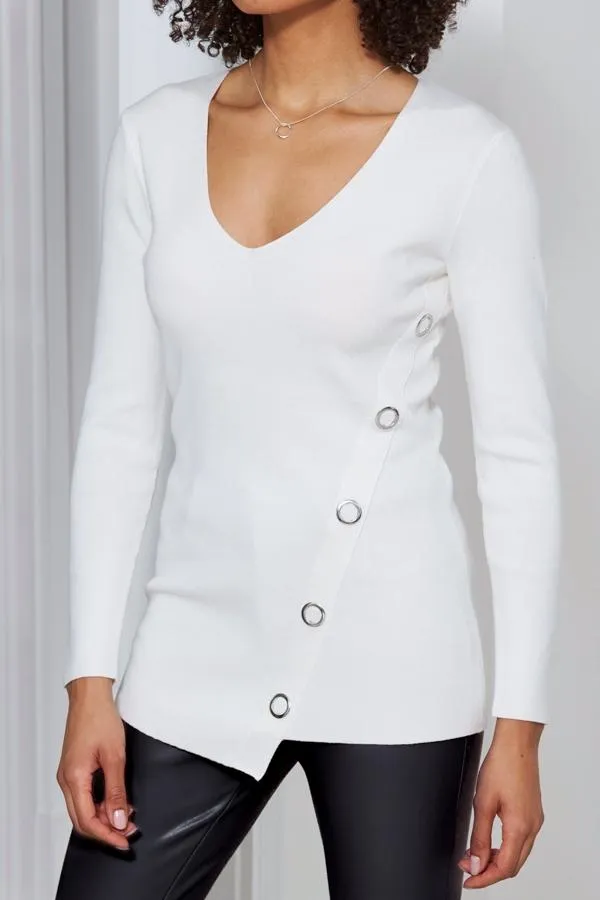 Sosandar Knitwear Women Ivory Eyelet Detail V Neck Jumper Ivory