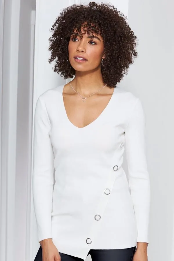 Sosandar Knitwear Women Ivory Eyelet Detail V Neck Jumper Ivory