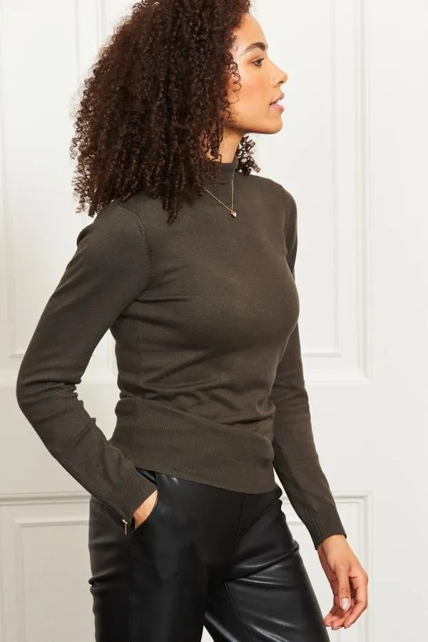 Sosandar Knitwear Women Khaki Green Roll Neck Gold Zip Detail Jumper Khaki Green Sosandar Knitwear Women Khaki Green Roll Neck Gold Zip Detail Jumper Khaki Green