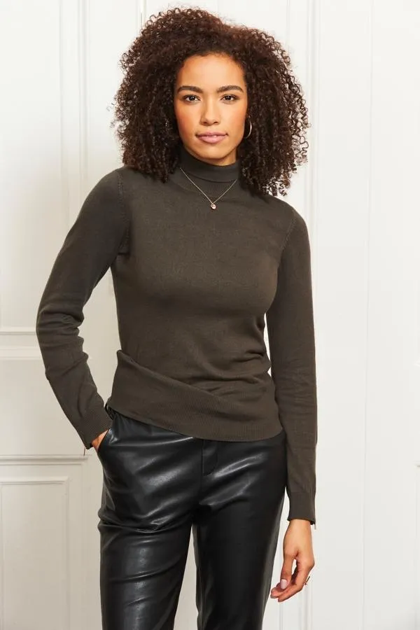 Sosandar Knitwear Women Khaki Green Roll Neck Gold Zip Detail Jumper Khaki Green