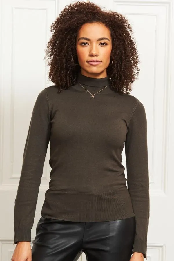 Sosandar Knitwear Women Khaki Green Roll Neck Gold Zip Detail Jumper Khaki Green