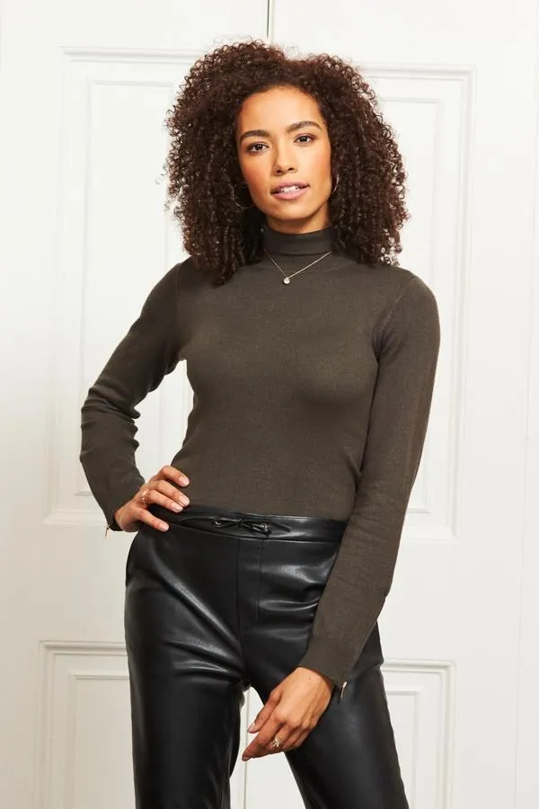 Sosandar Knitwear Women Khaki Green Roll Neck Gold Zip Detail Jumper Khaki Green