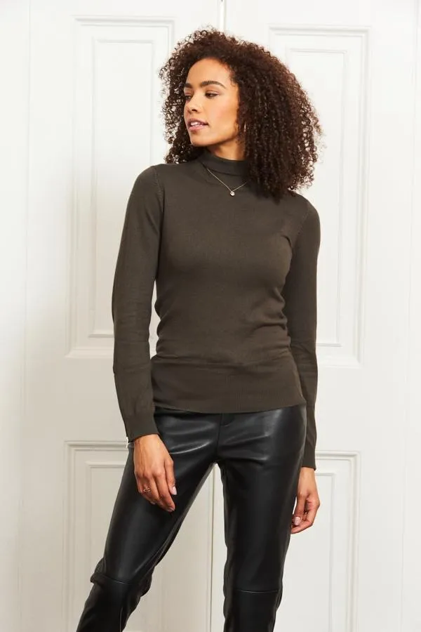 Sosandar Knitwear Women Khaki Green Roll Neck Gold Zip Detail Jumper Khaki Green