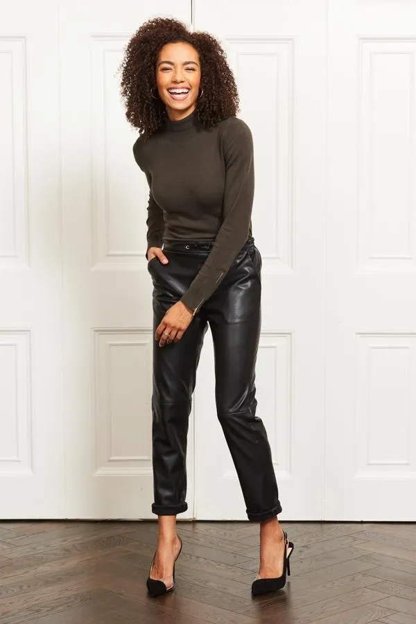 Sosandar Knitwear Women Khaki Green Roll Neck Gold Zip Detail Jumper Khaki Green