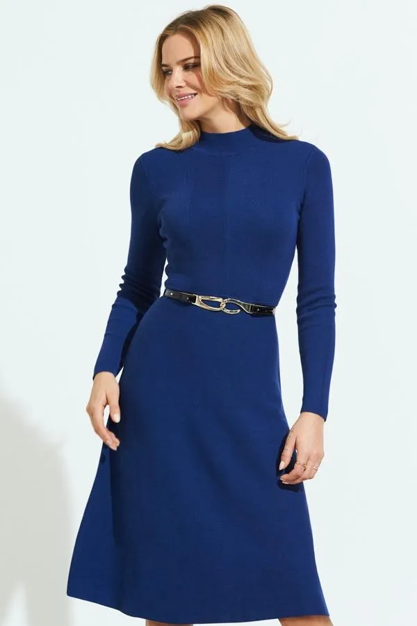 Sosandar Knitwear Women Royal Blue Fit and Flare Knitted Midi Dress Blue
