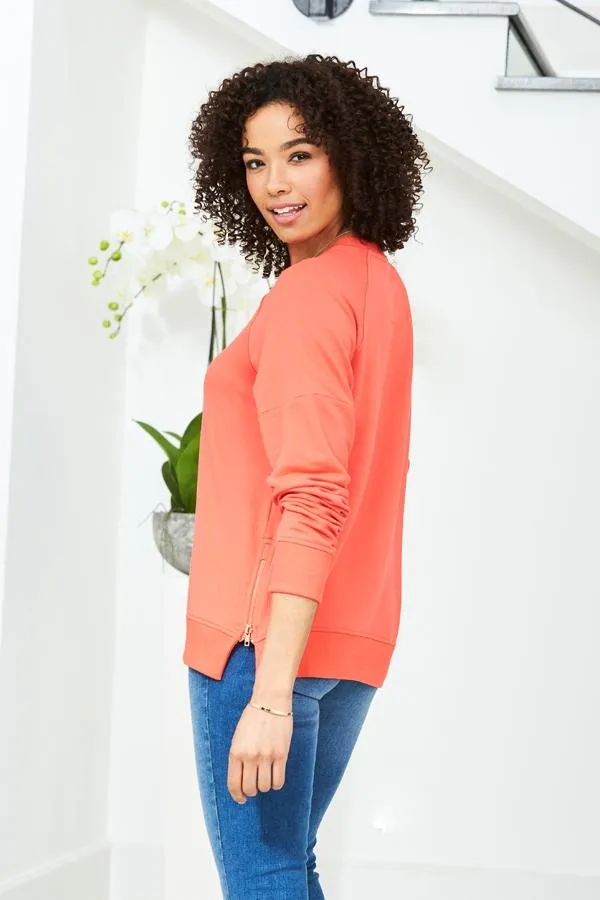 Sosandar Loungewear Women Coral Premium Sweatshirt With Rose Gold Side Zips Coral