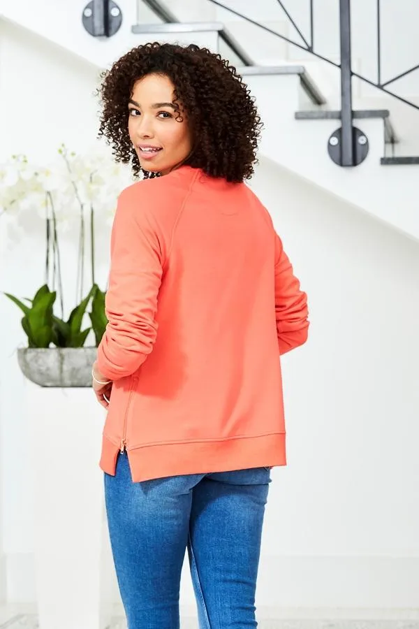 Sosandar Loungewear Women Coral Premium Sweatshirt With Rose Gold Side Zips Coral