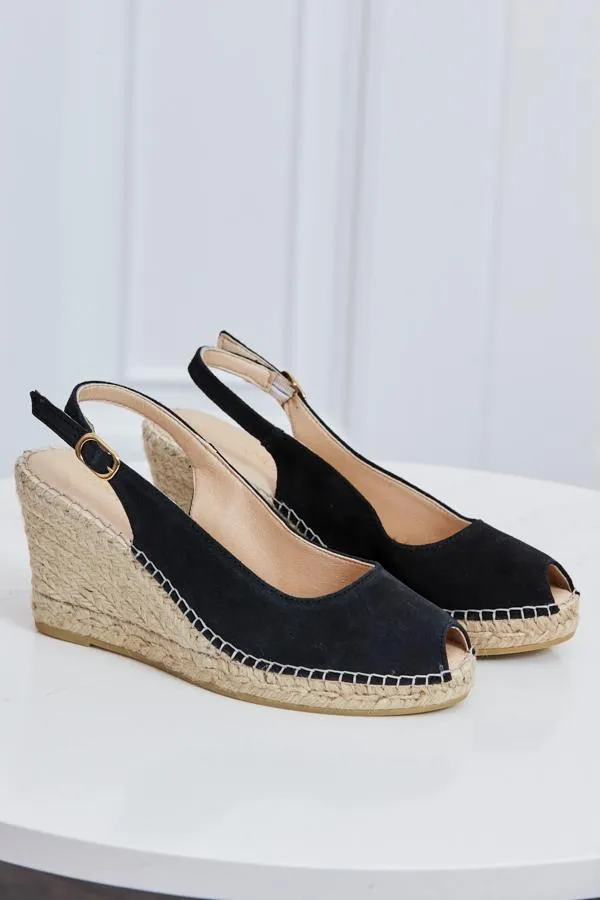 Sosandar Sandals and Flip Flops Women Poppy Black Suede Peep Toe Wedge Espadrille Black Sosandar Sandals and Flip Flops Women Poppy Black Suede Peep Toe Wedge Espadrille Black
