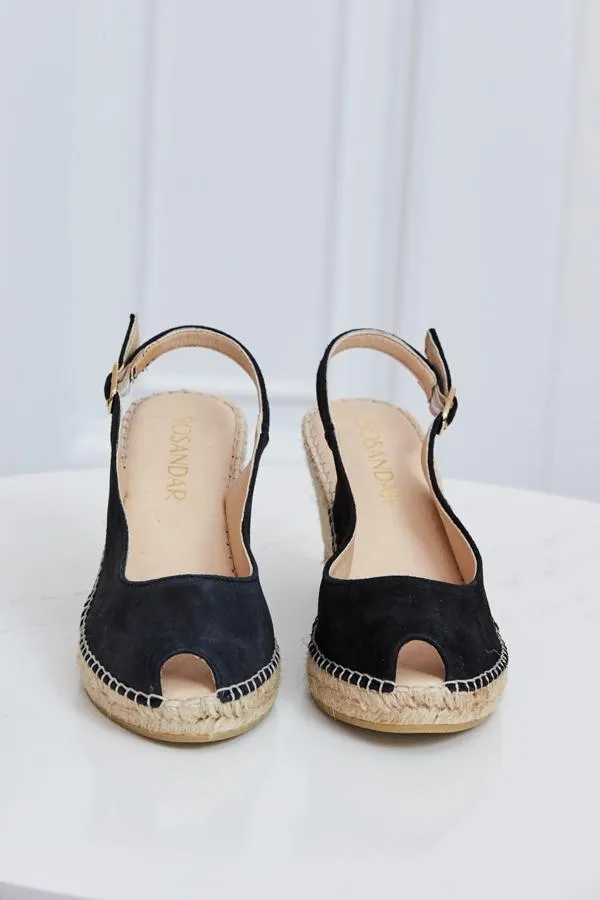 Sosandar Sandals and Flip Flops Women Poppy Black Suede Peep Toe Wedge Espadrille Black