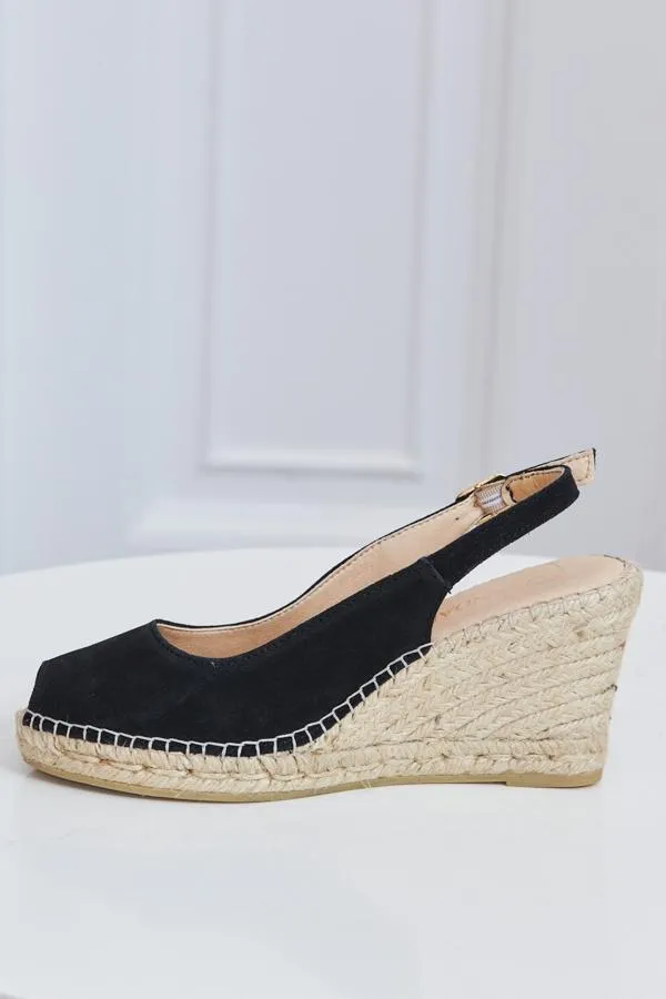 Sosandar Sandals and Flip Flops Women Poppy Black Suede Peep Toe Wedge Espadrille Black