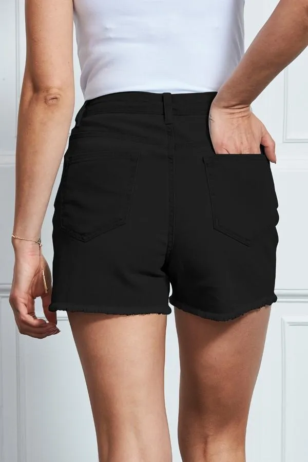 Sosandar Shorts Women Black Raw Edge Denim Shorts Black