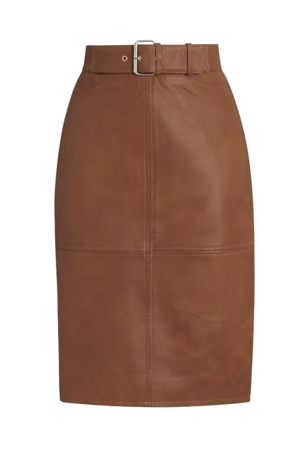 Sosandar Skirts Women Tan Leather Buckle Detail Pencil Skirt Tan