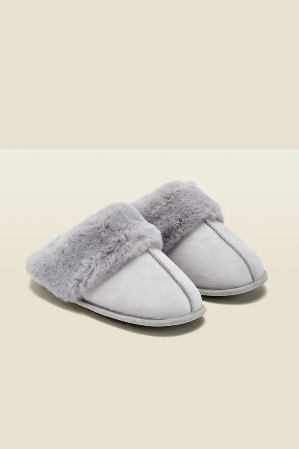 Sosandar Slippers Women Soft Grey Suede Mule Slippers With Faux Fur Lining Grey Sosandar Slippers Women Soft Grey Suede Mule Slippers With Faux Fur Lining Grey