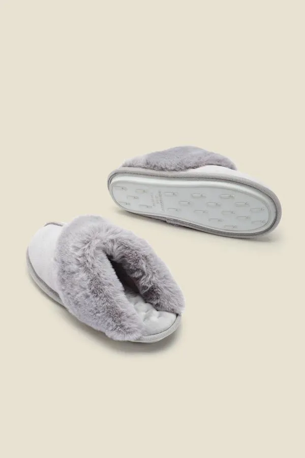 Sosandar Slippers Women Soft Grey Suede Mule Slippers With Faux Fur Lining Grey