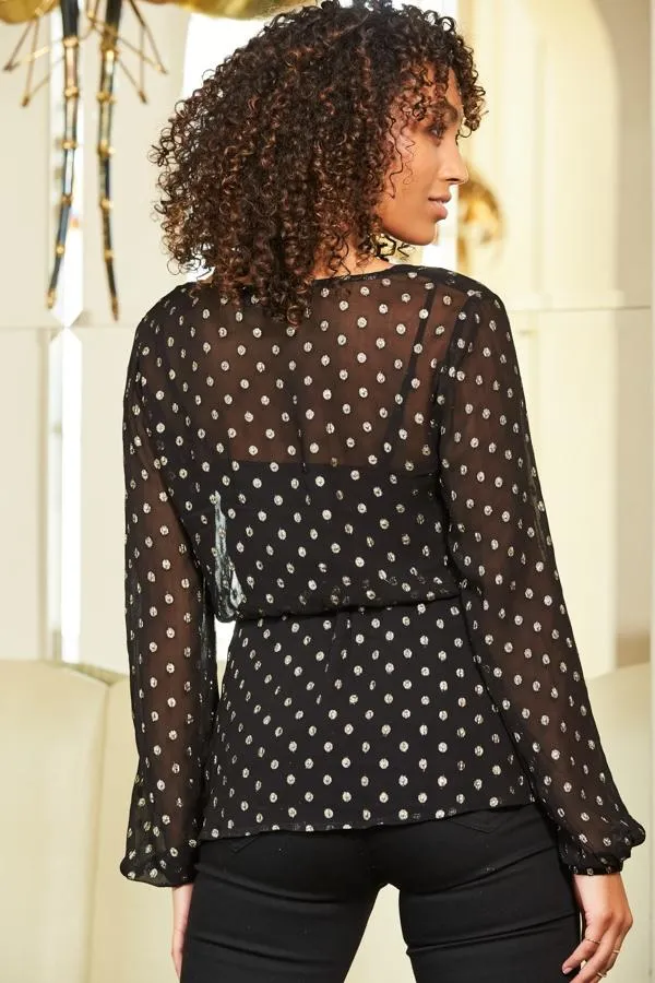 Sosandar Tops Women Black and Gold Lurex Spot Print Stretch Waist Top Black Gold