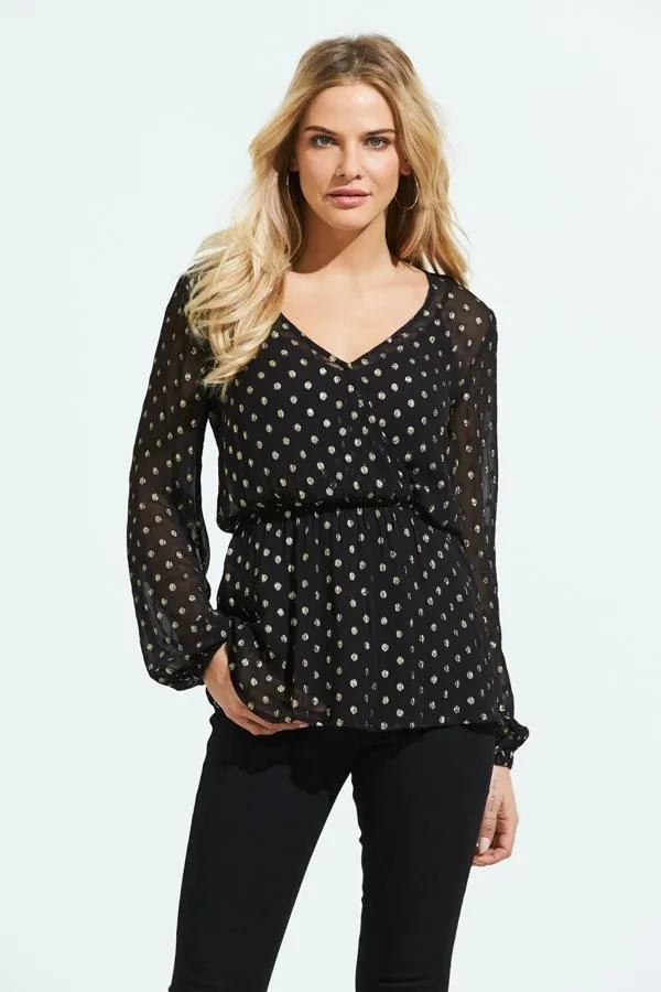 Sosandar Tops Women Black and Gold Lurex Spot Print Stretch Waist Top Black Gold