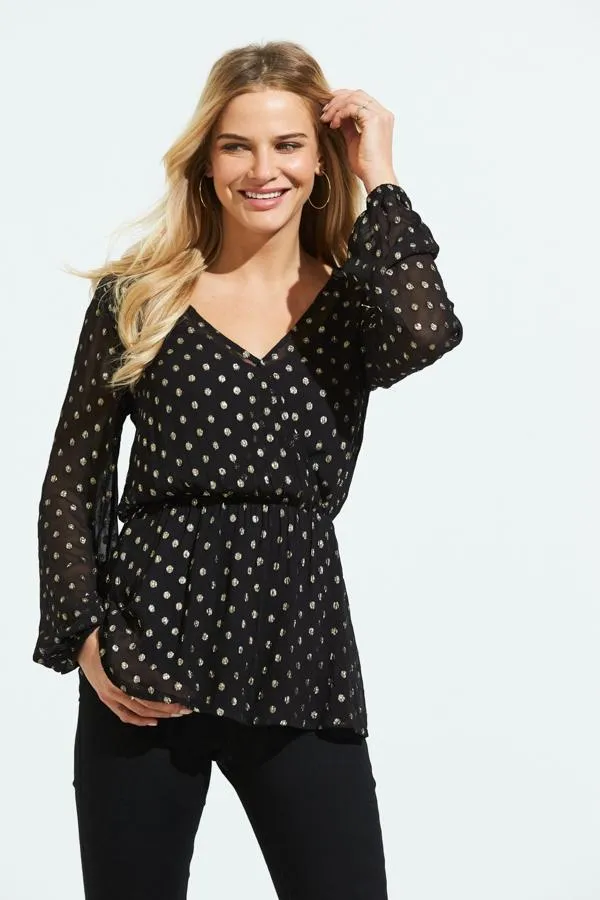 Sosandar Tops Women Black and Gold Lurex Spot Print Stretch Waist Top Black Gold