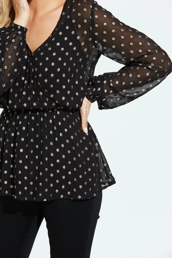 Sosandar Tops Women Black and Gold Lurex Spot Print Stretch Waist Top Black Gold
