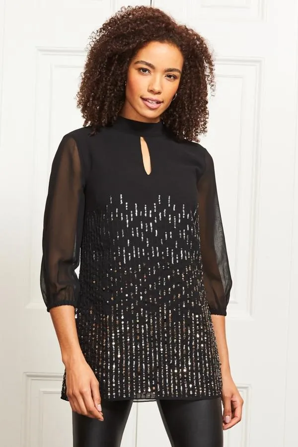 Sosandar Tops Women Black Embellished Keyhole Detailed Tunic Top Black