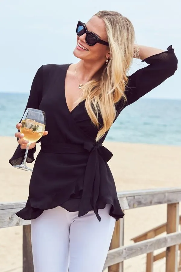 Sosandar Tops Women Black Ruffle Hem Fluted Cuff Top Black