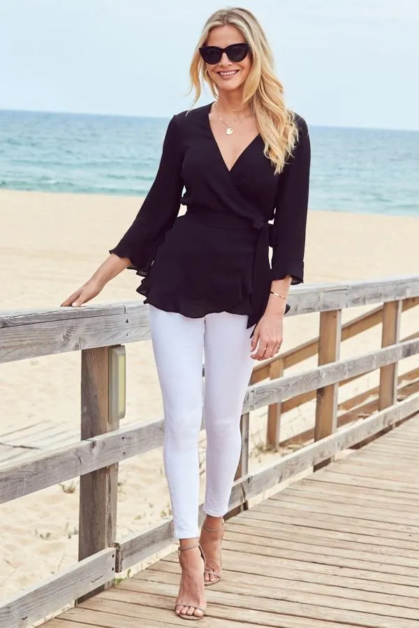 Sosandar Tops Women Black Ruffle Hem Fluted Cuff Top Black