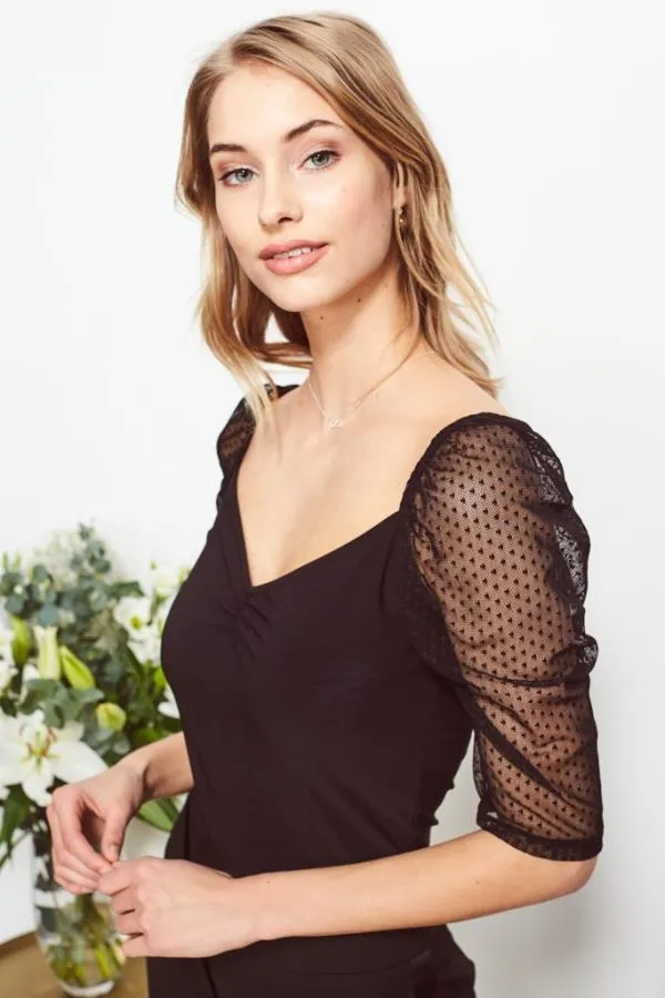 Sosandar Tops Women Black Woven Spot Organza Sleeve Top Black