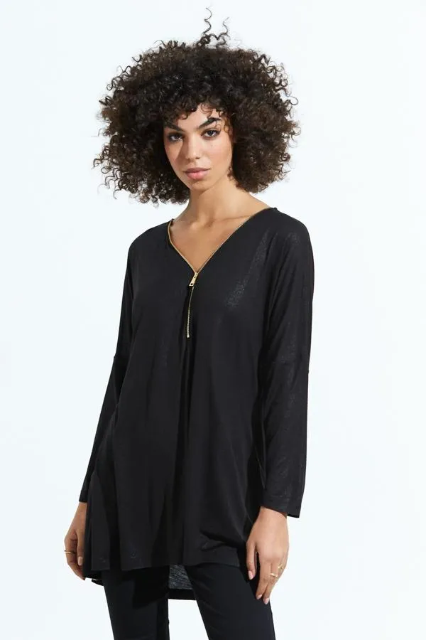 Sosandar Tops Women Black Zip Front Jersey Tunic Top Black
