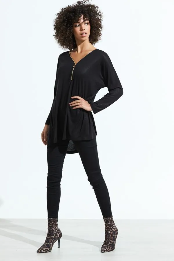 Sosandar Tops Women Black Zip Front Jersey Tunic Top Black