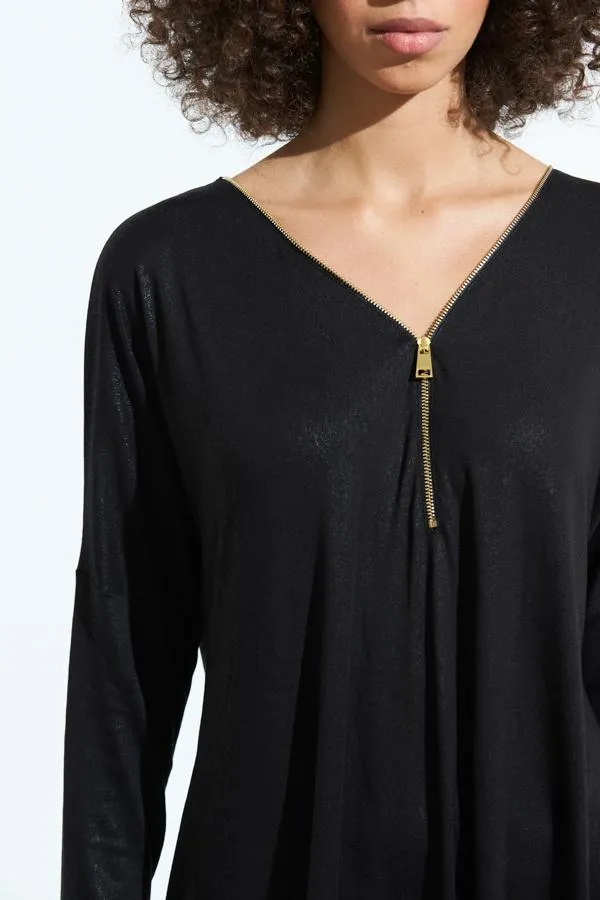 Sosandar Tops Women Black Zip Front Jersey Tunic Top Black