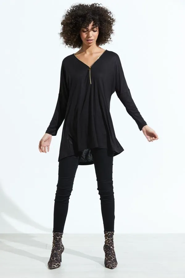 Sosandar Tops Women Black Zip Front Jersey Tunic Top Black