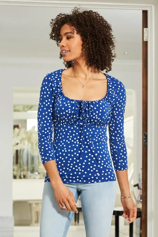 Sosandar Tops Women Blue and White Spot Print Ruched Neck Top Blue White